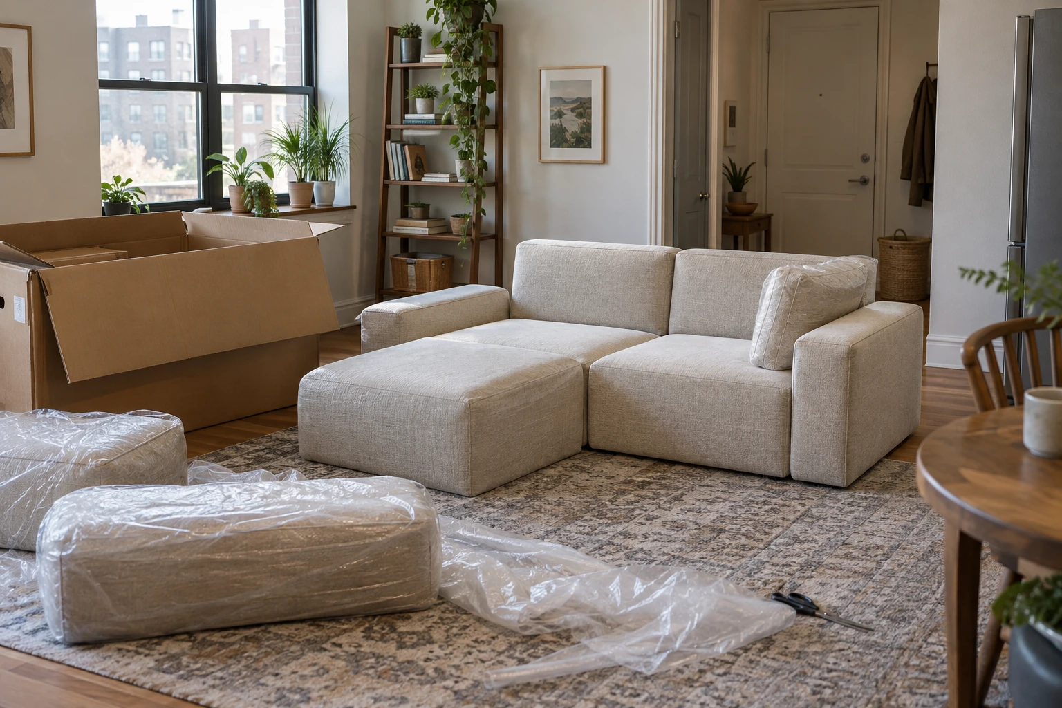 Unbranded compressed modular sofa being unpacked in a small apartment
