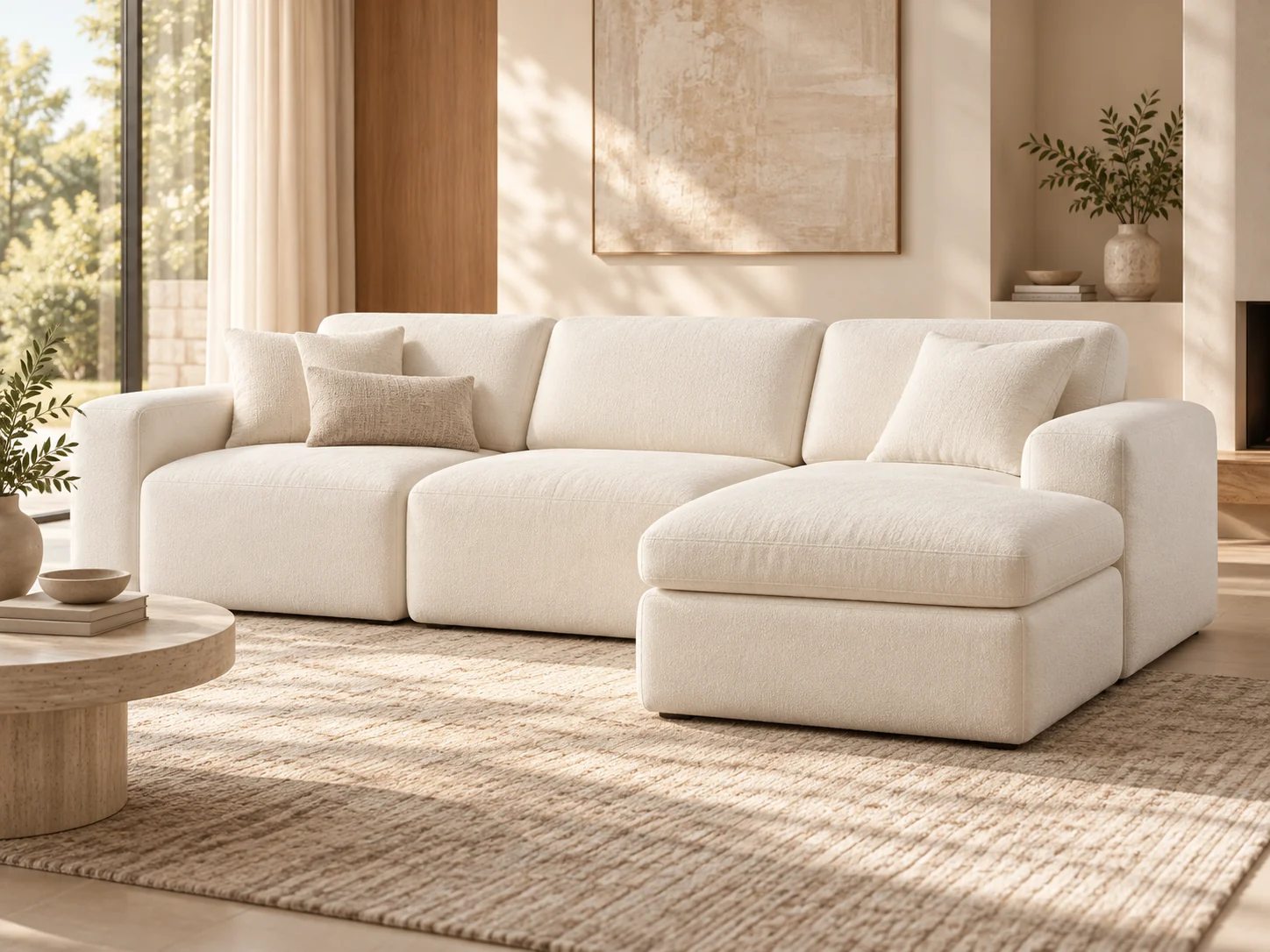 Illustrative ivory modular sectional in a warm U.S. living room