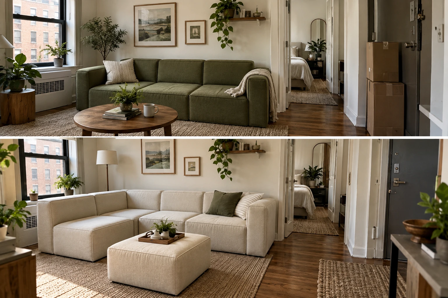 Two practical modular sofa configurations shown in the same small apartment