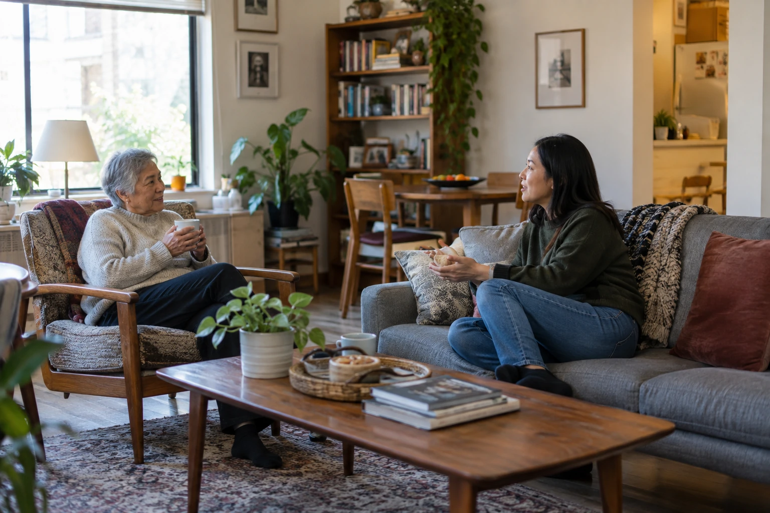 Older adult and family member talking in a practical shared apartment living room