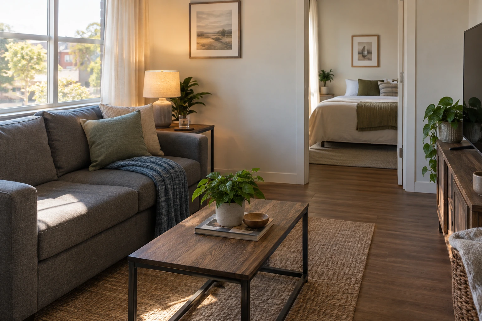 Uncluttered temporary recovery apartment with a clear path between living room and bedroom