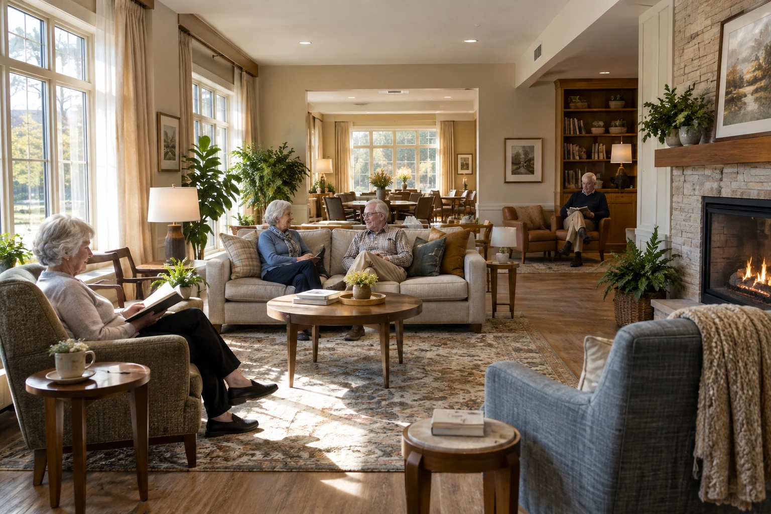 Residential-style senior living common lounge with varied seating and clear walking routes