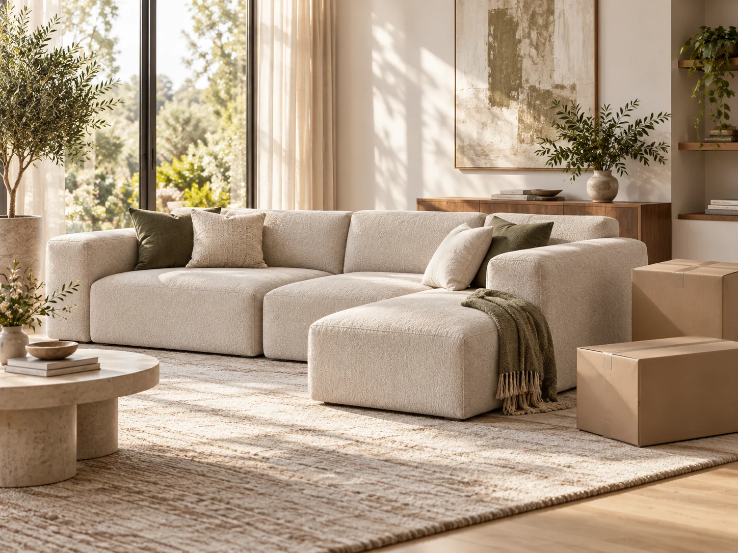 Illustrative sofa-in-a-box delivery concept with compact cartons